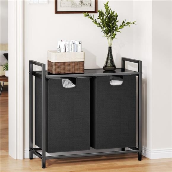 Laundry Basket Organizer, Laundry Hamper with Shelf & 2 Pull-Out Removable Bags - Picture 6 of 7